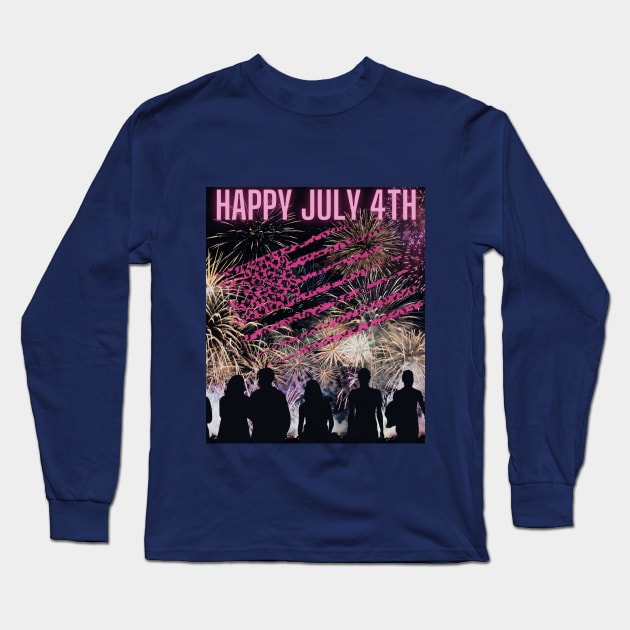 Happy July 4th Fireworks (silhouettes + pink flag) Long Sleeve T-Shirt by PersianFMts